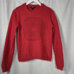 Desigual Alda Fuzzy Knit Crewneck Pullover Red Sweater Women's M
